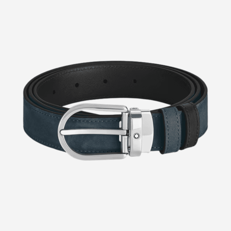 Cintura Montblanc reversibile 30 mm in pelle blu velluto e nera con fibbia Horseshoe lucida.