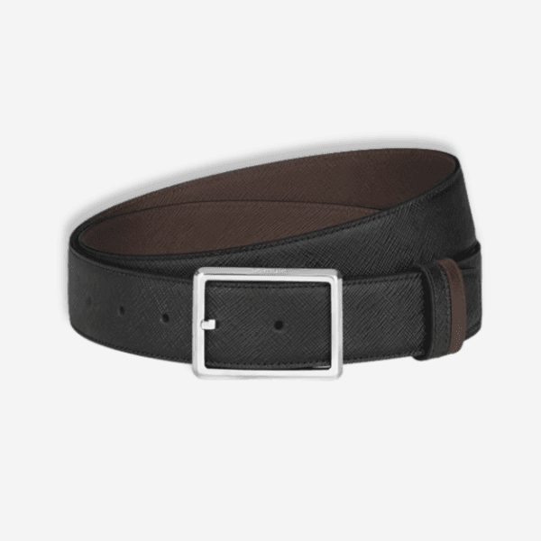 Cintura Montblanc reversibile nero/ebano in pelle goffrata, fibbia rettangolare lucida con logo inciso.
