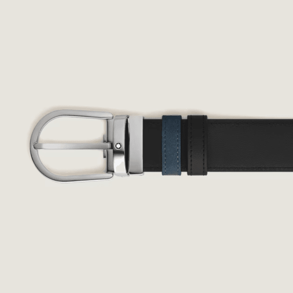 Cintura Montblanc nera con cuciture a vista e fibbia lucida arrotondata, doppio passante nero/blu.