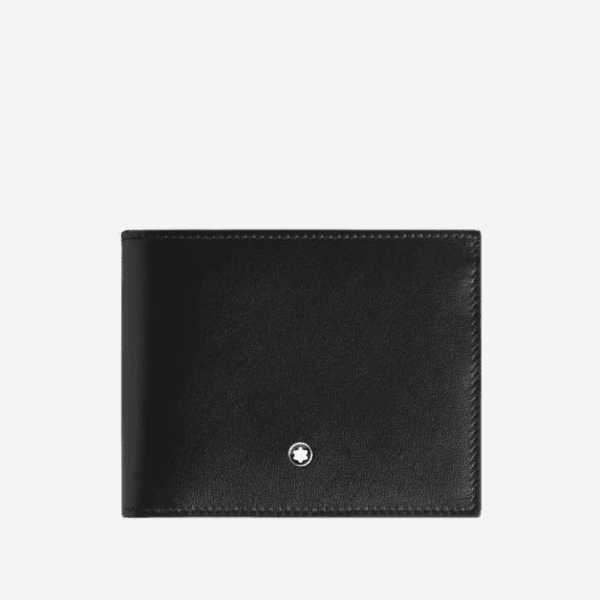 Portafoglio Montblanc Meisterstück nero chiuso con logo a stella bianca, design minimalista.
