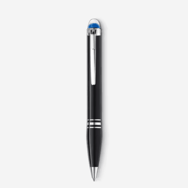 Penna a sfera Montblanc StarWalker Precious Resin in resina nera con dettagli platino e cupola azzurra.