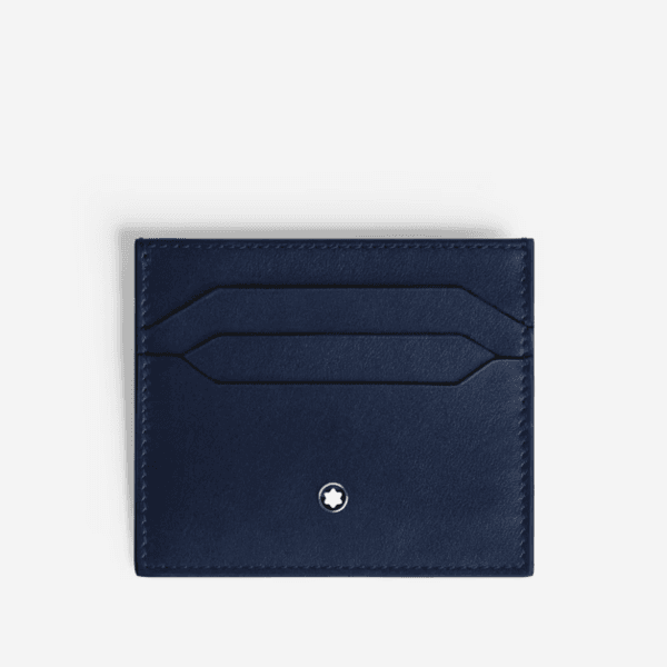 Portacarte pelle Montblanc blu con due slot frontali e logo emblematico.