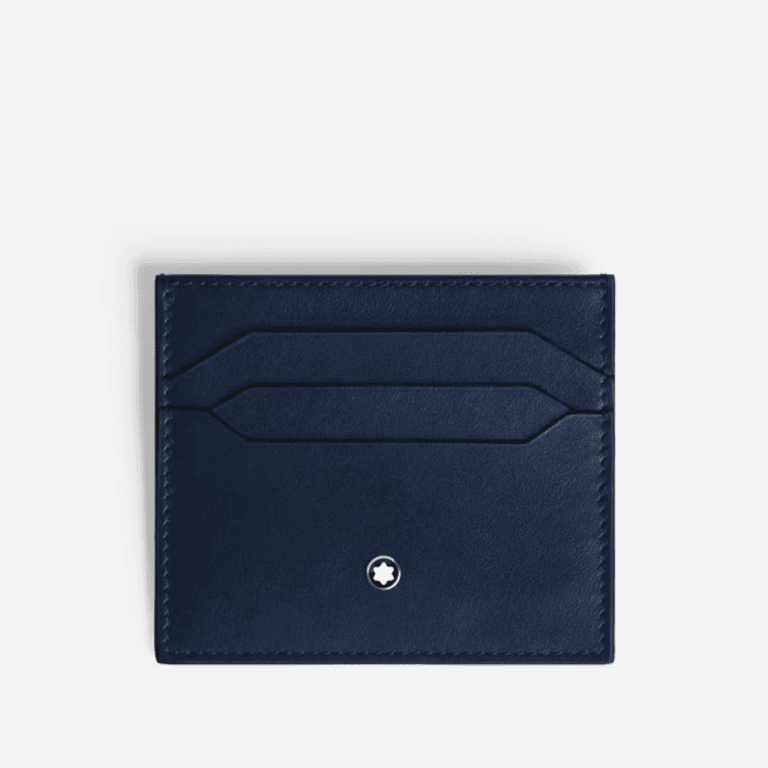 Portacarte pelle Montblanc blu con due slot frontali e logo emblematico.