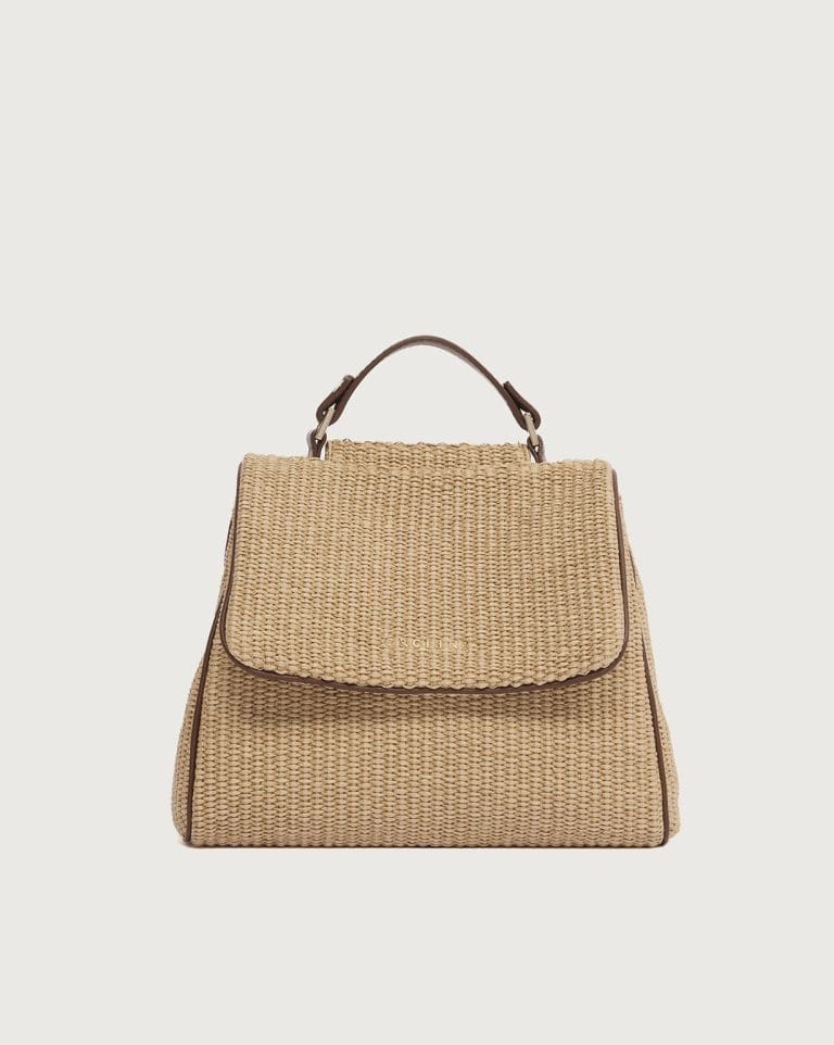 Borsa Orciani Sveva Zanzibar Small Biscotto vista frontale in tessuto effetto rafia e pelle, manico fisso