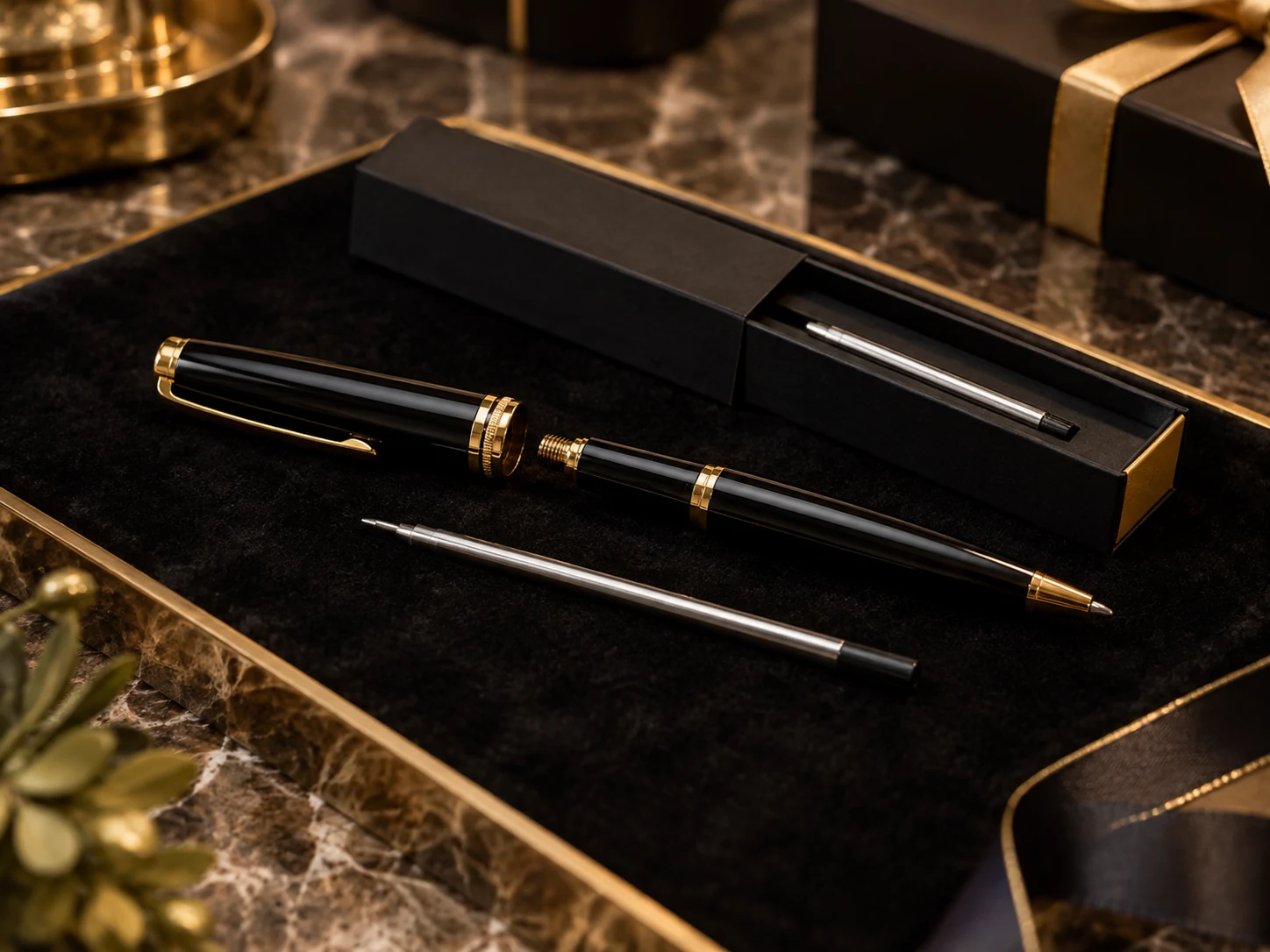 Regalo penna: come scegliere quella giusta 6 Penna aperta accanto a una ricarica di inchiostro e alla sua confezione