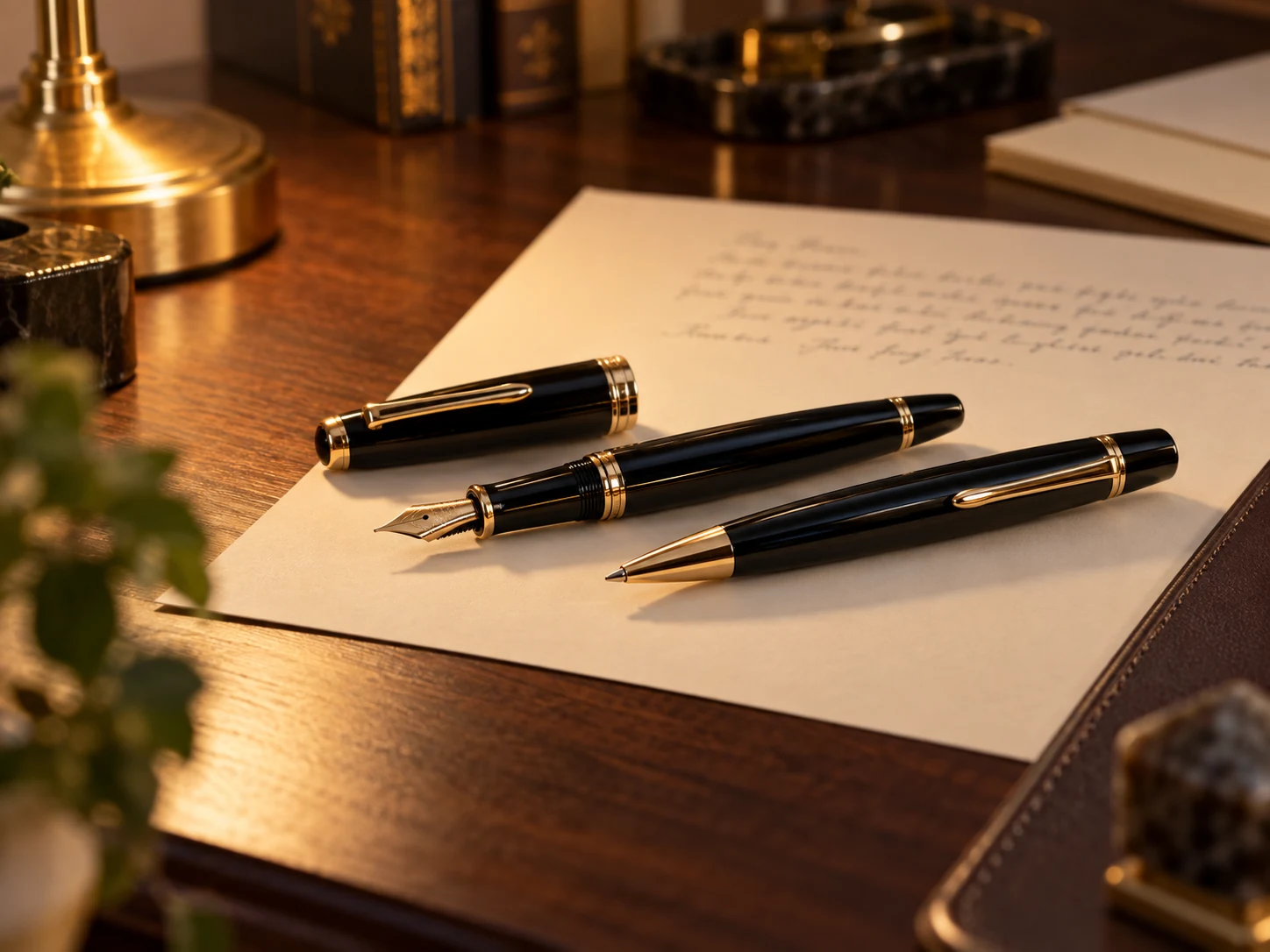 Regalo penna: come scegliere quella giusta 1 Una penna stilografica e una penna a sfera appoggiate su un foglio di carta crema
